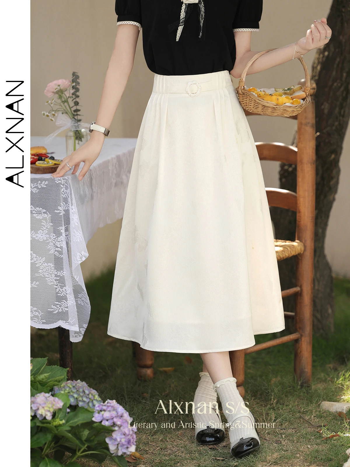 ALXNAN Chinese Style Women's Skirt 2024 Fashion Apricot Solid Elegant Summer A-line Midi Skirts Female Clothes L35602