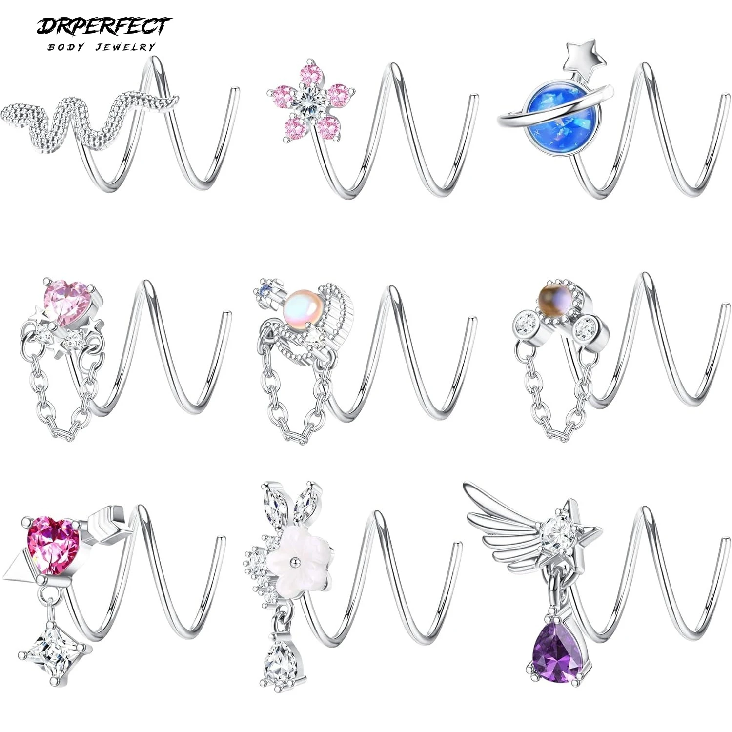 

9Pcs Surgical Steel Double Hoop Nose Ring for Women Single Piercing Dangle Spiral Snake Flower Moon Twist Nose Jewelry Set 20G