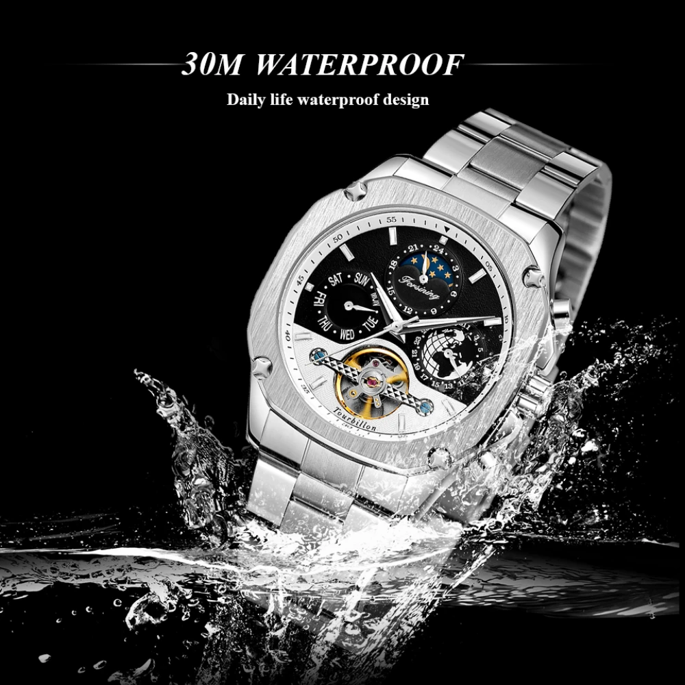 FORSINING Brand Mens Mechanical Watch Super Grand Automatic Self Wind Moonphase Tourbillon Earth Date Stainless Steel Belt Watch