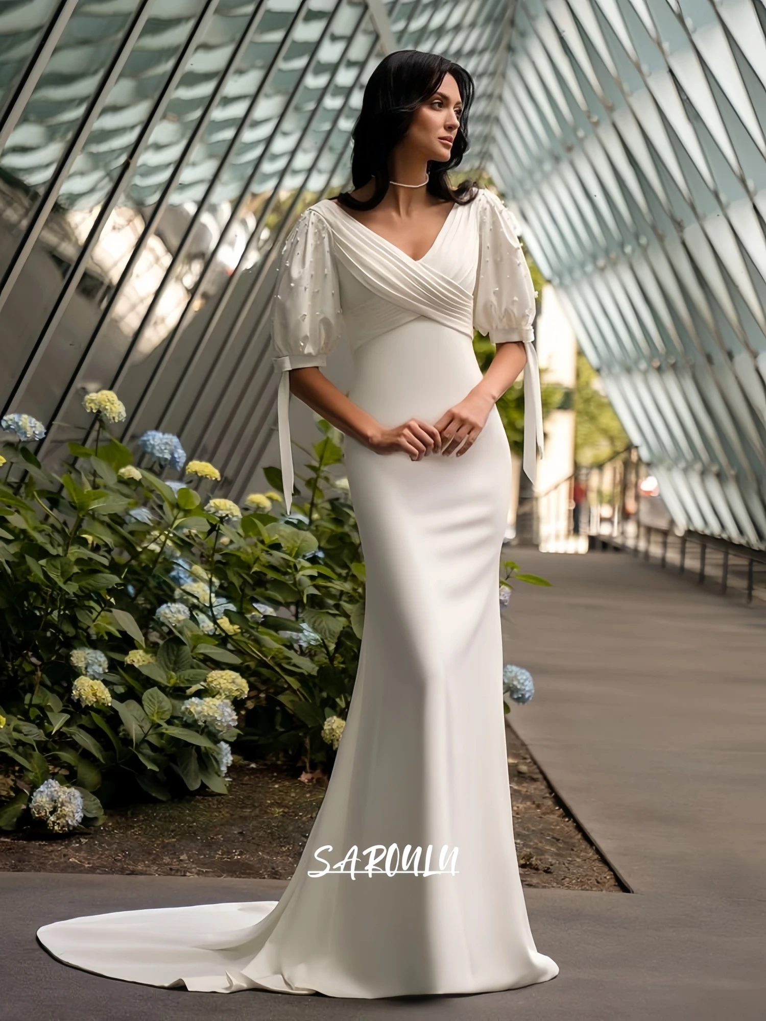 Pearls Half Sleeves Reception Wedding Dress for Women, Sheath Long Satin Bride Dresses Customized V Neck Court Train Bridal Gown