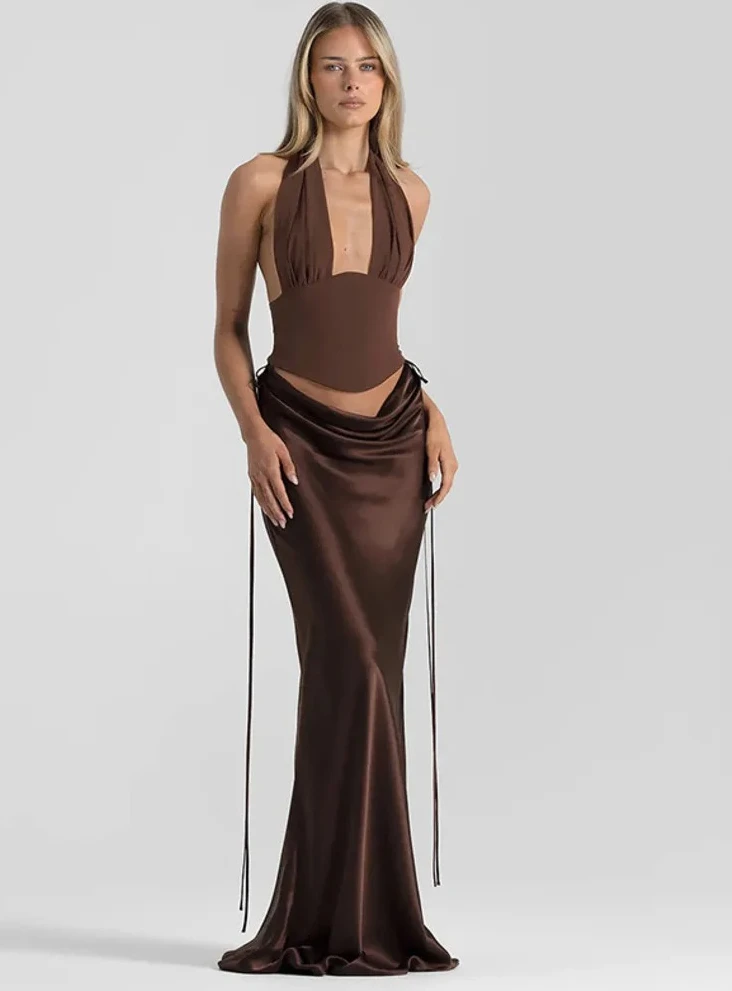 

Женский сексуальный клубный комплект из двух предметов, майка с глубоким V-образным вырезом и макси-юбка, комплект узких подходящих платьев