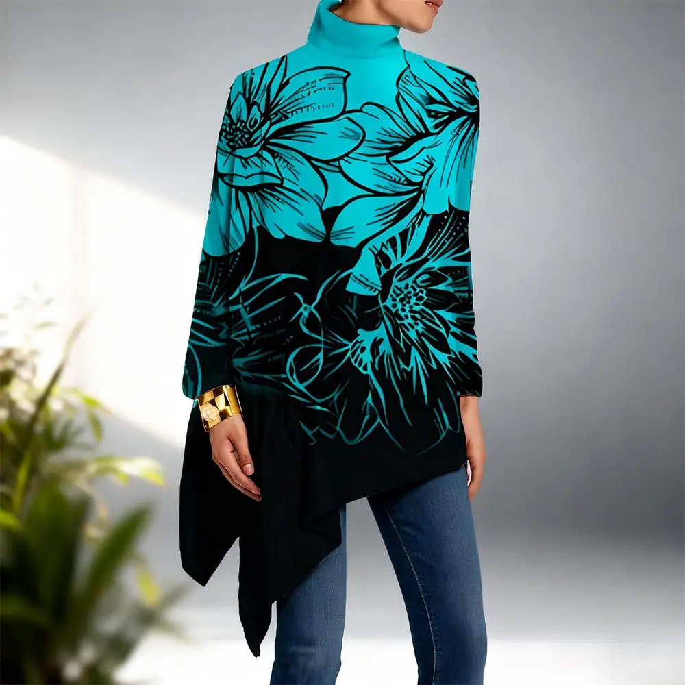 

New Autumn/winter Women's Bohemian Elegant Baroque Printed Top High-neck Asymmetrical Long-sleeved Fashionable Resort Streetwear