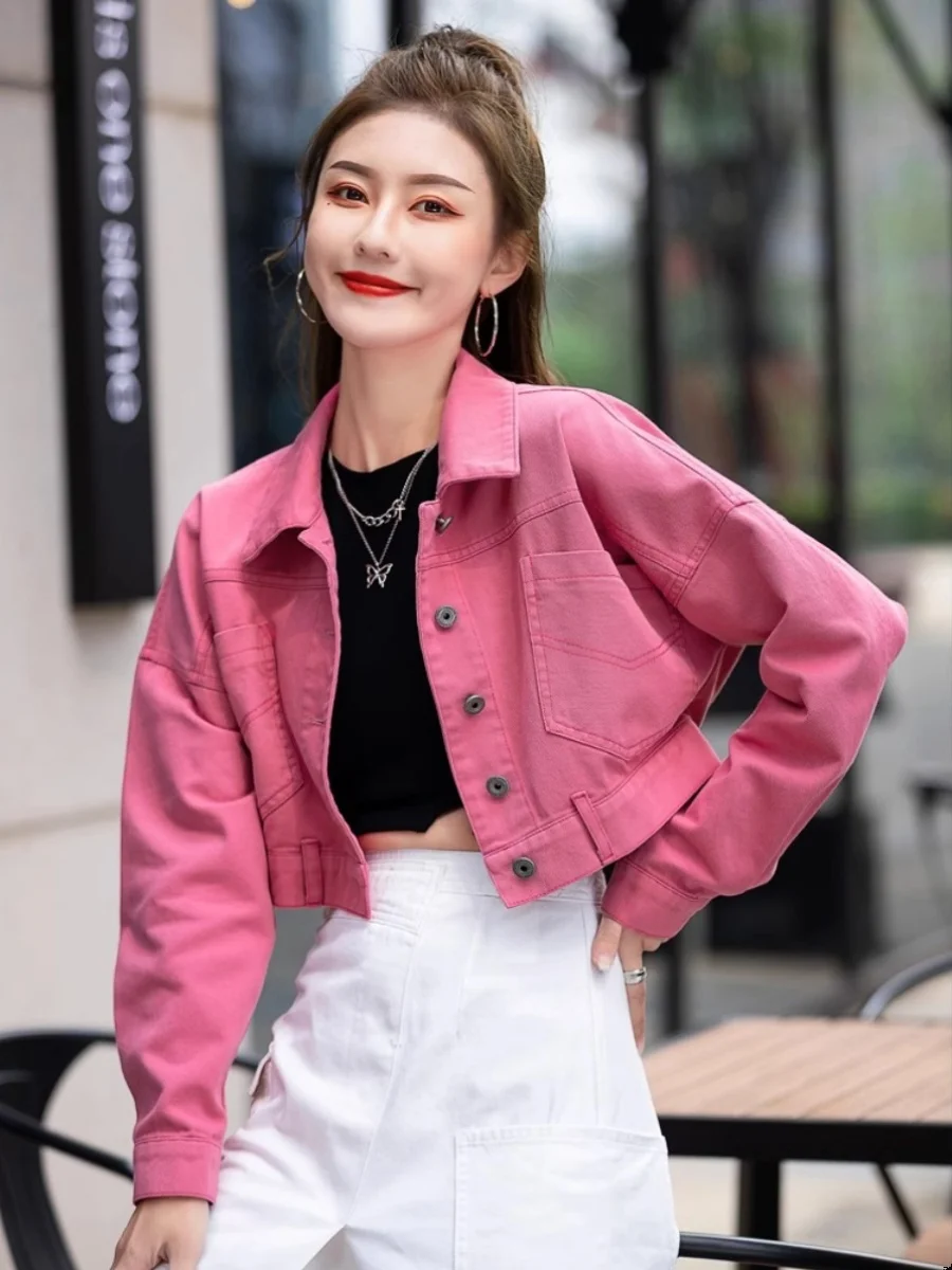 Petite Friendly Chaqueta vaquera recortada para mujer primavera otoño manga larga de gran tamaño elevado azul claro corto Denim Top prendas de vestir exteriores