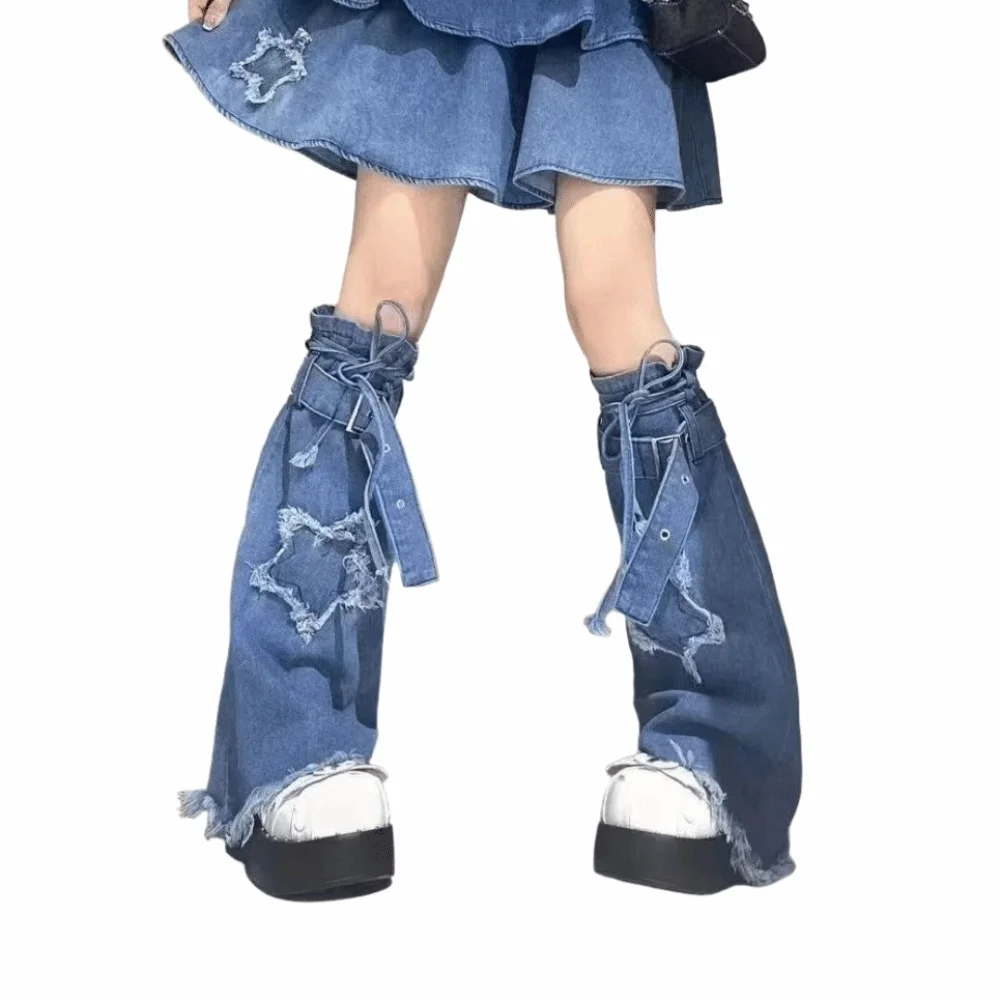 

Japanese JK Lolita Y2K Denim Leg Warmers Denim Cloth Stars Cross Trumpet Leg Covers Drawstring Footcover Long Stockings Cosplay