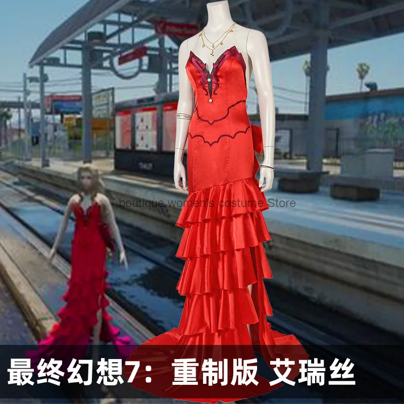 

Хэллоуин Косплей Final Fantasy 7 Remake Aerith Gainsborough Косплей Костюм Игровое Платье Красное Сексуальное Платье