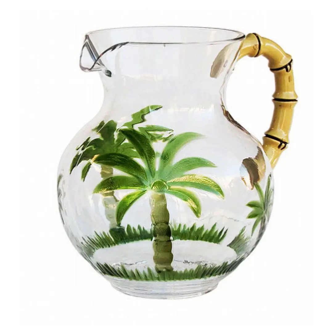 

Palm Tree Design 3 Quarts Water Pitcher BPA Free Unbreakable Plastic With Lid Bamboo Handle Diamond Cut Drink Juice Pitcher