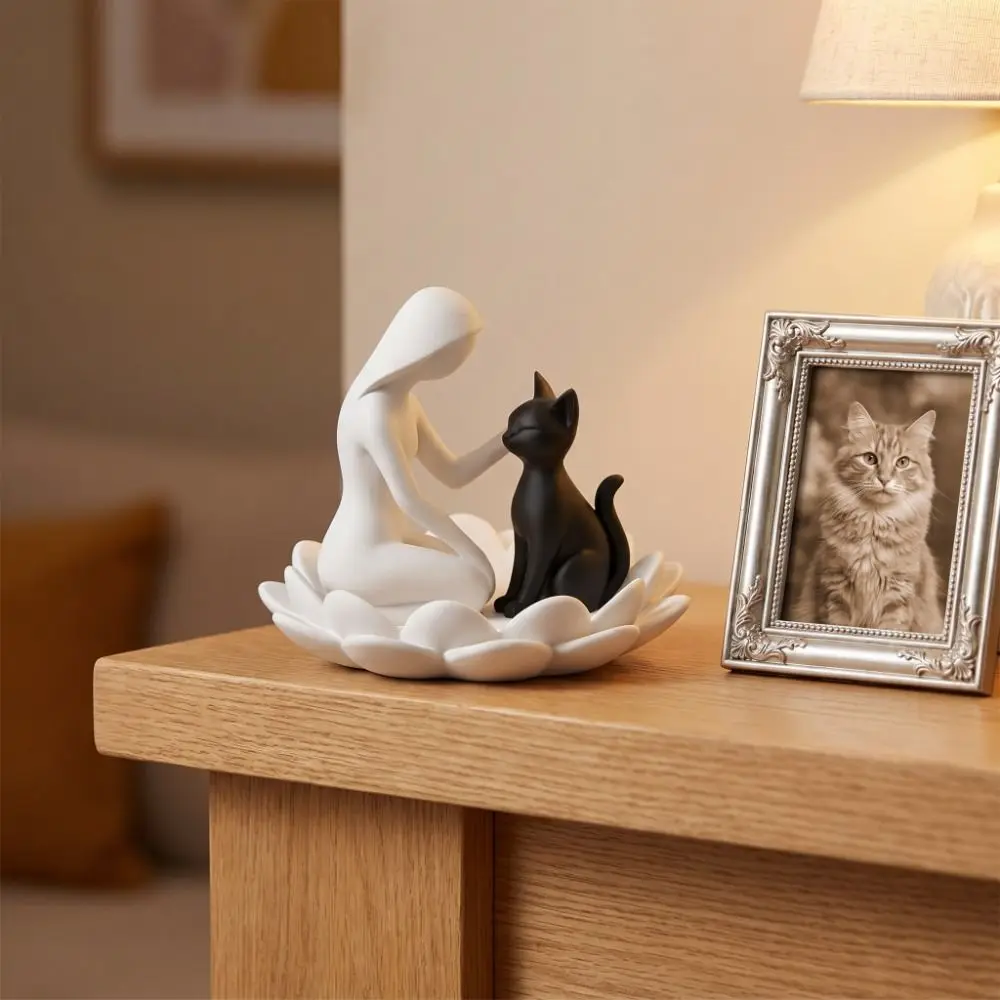 Collection 3D Printed Girl And Cat Statue Creative Cute Lotus Cat Sculpture Decoration Cat Touching Posture Gift