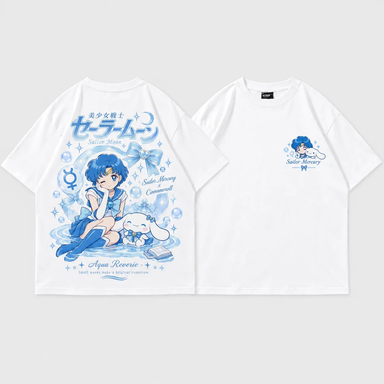 Sanrio Hello Kitty Sailor Moon Parent Child Tee Men's Women's White Retro Cool Art Print Oversized Short Sleeve Streetwear Top