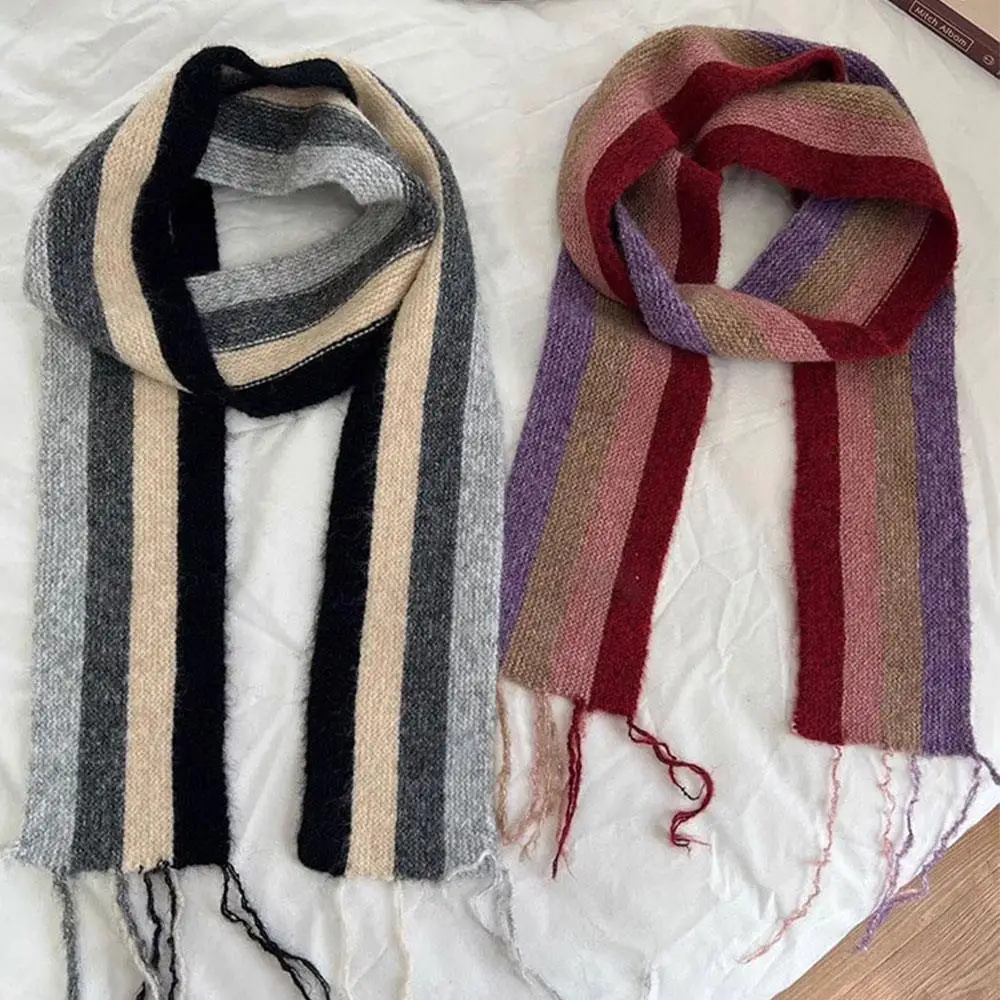 

Длинный узкий женский шарф в полоску, зимний вязаный шарф, женский теплый шарф в полоску, корейские осенне-зимние шарфы