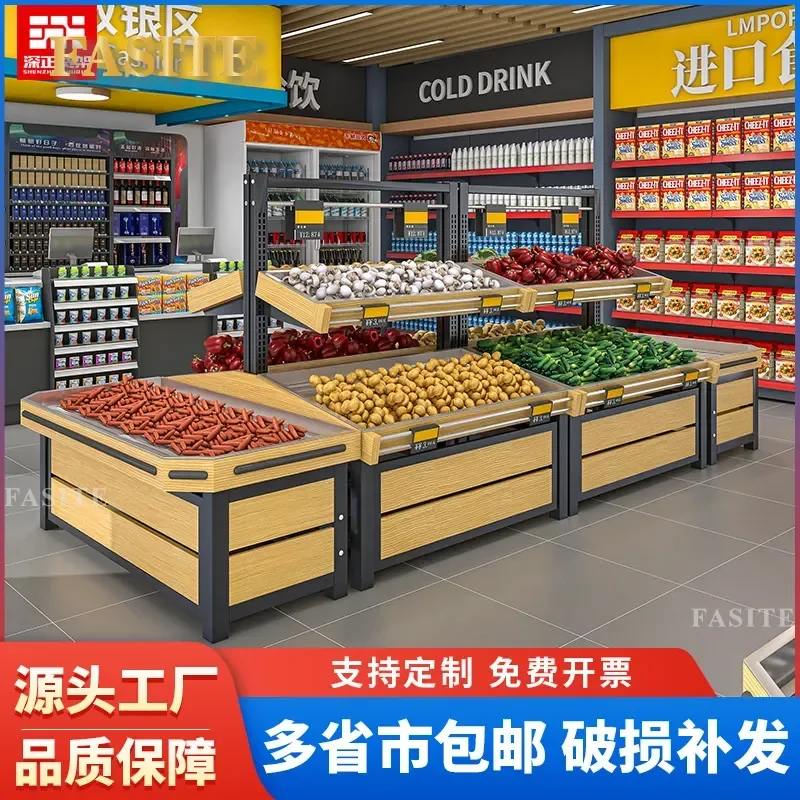 For Fresh Supermarket Fruit and Vegetable Display Rack Foldable Steel and Wood Shelf for Dried Fruits Snacks Storage