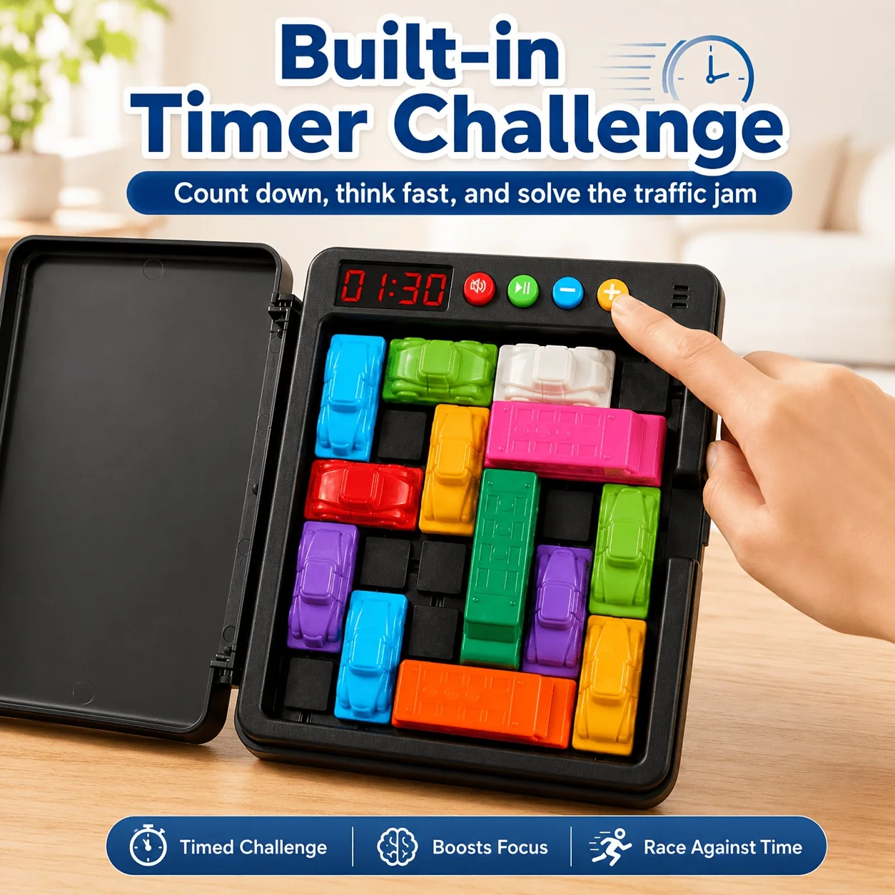 Plastic Car Jam Logic Puzzle Game with Timer, 225 Challenges Portable Brain Toy for Kids Christmas Gift Travel Family Party