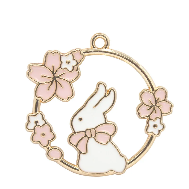 10pcs/Lot Pink Wreath Cat Rabbit Shape Enamel Charms Alloy Drip Oil Cherry Blossoms Flowers Keychain Bracelet Earring Pendant