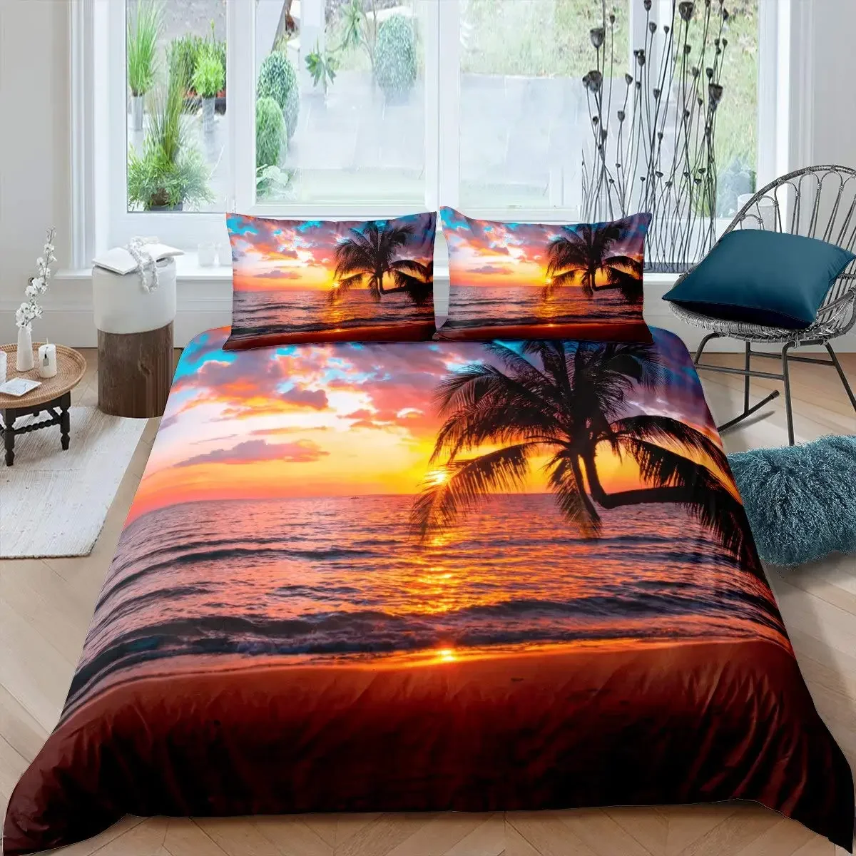 Summer Beach Duvet Cover Set Queen Ocean Bedding Set Hawaiian Palm Trees Marine Life Sea Waves Fish Printed Comforter Cover Set