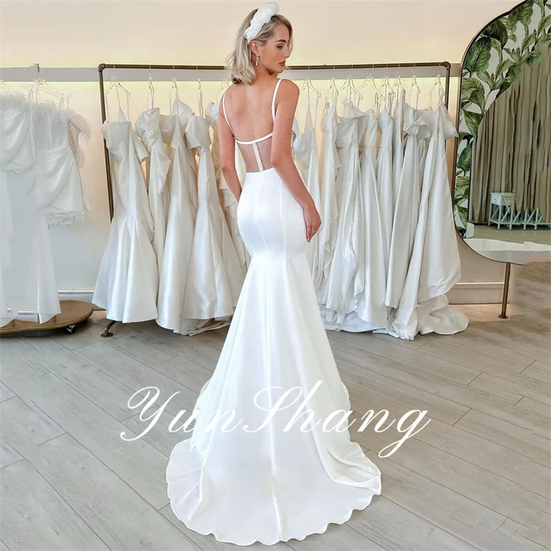 Yunshang Simple Mermaid Wedding Dresses Boat Neck Open Back Spaghetti Straps Bridal Gown Train Custom Made Vestidos De Novia