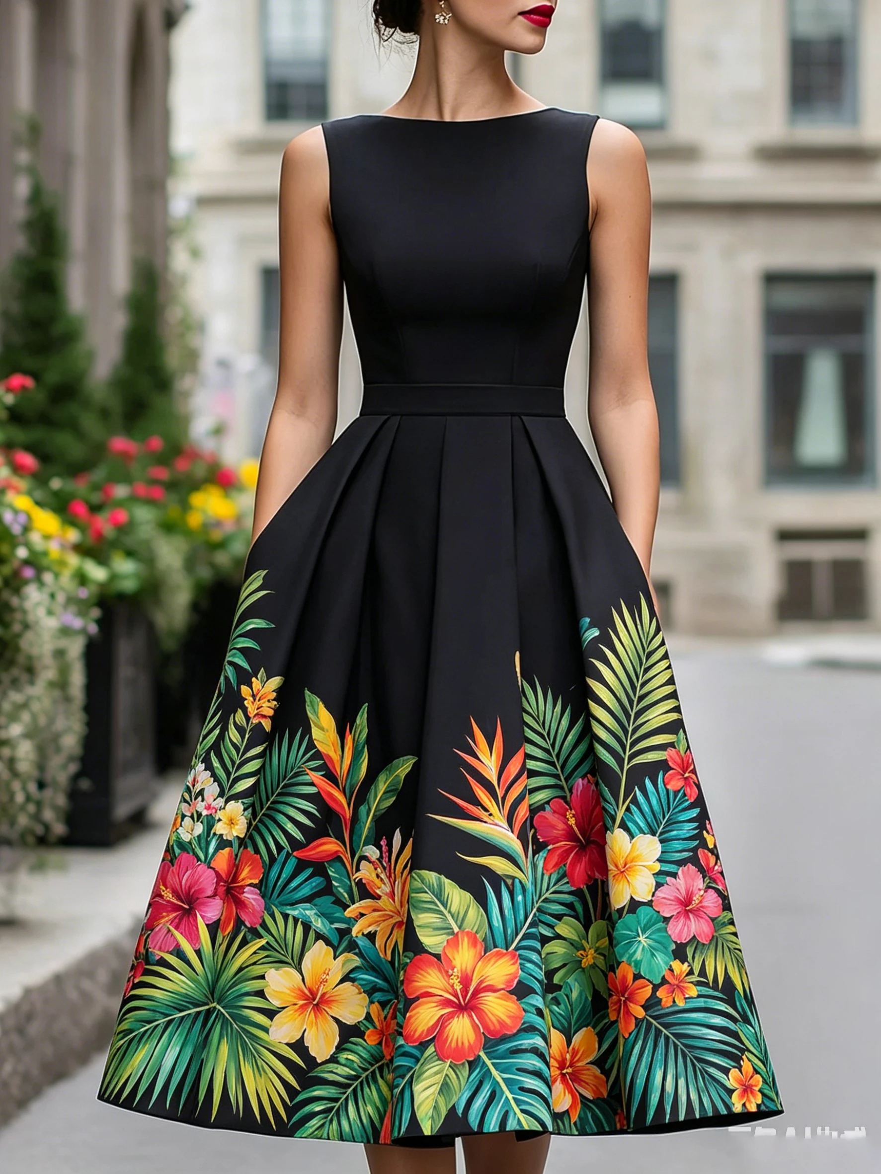 

Wedding Guest Cocktail Summer Dress for Women Tropical Leaf Hibiscus Print Casual Vintage Sleeveless Party A-Line Female Dress