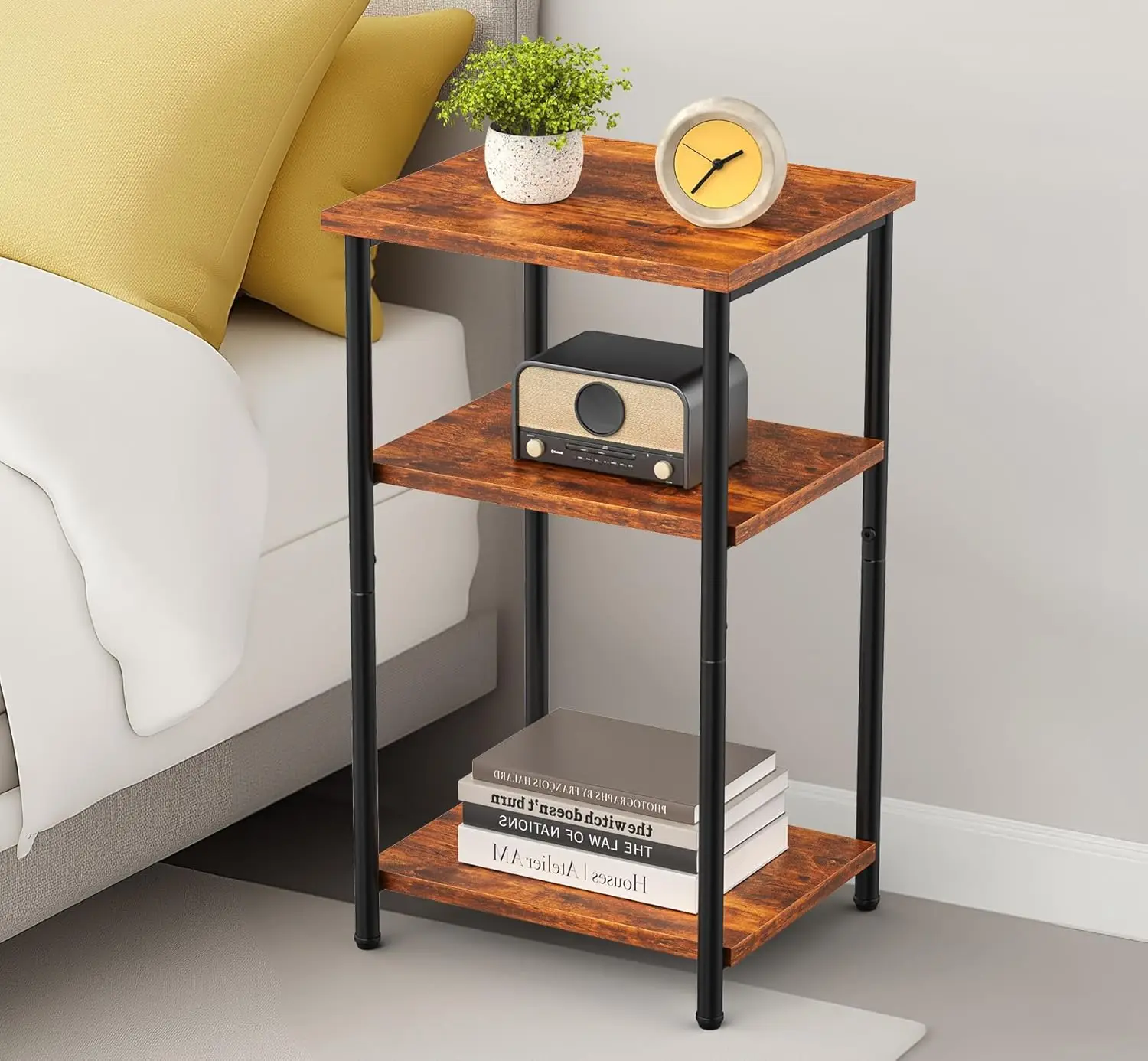 3-Tier End Table Side Table with Adjustable Feet,Small Nightstand Space-Saving for Bedroom Living Room Office, Rustic Brown