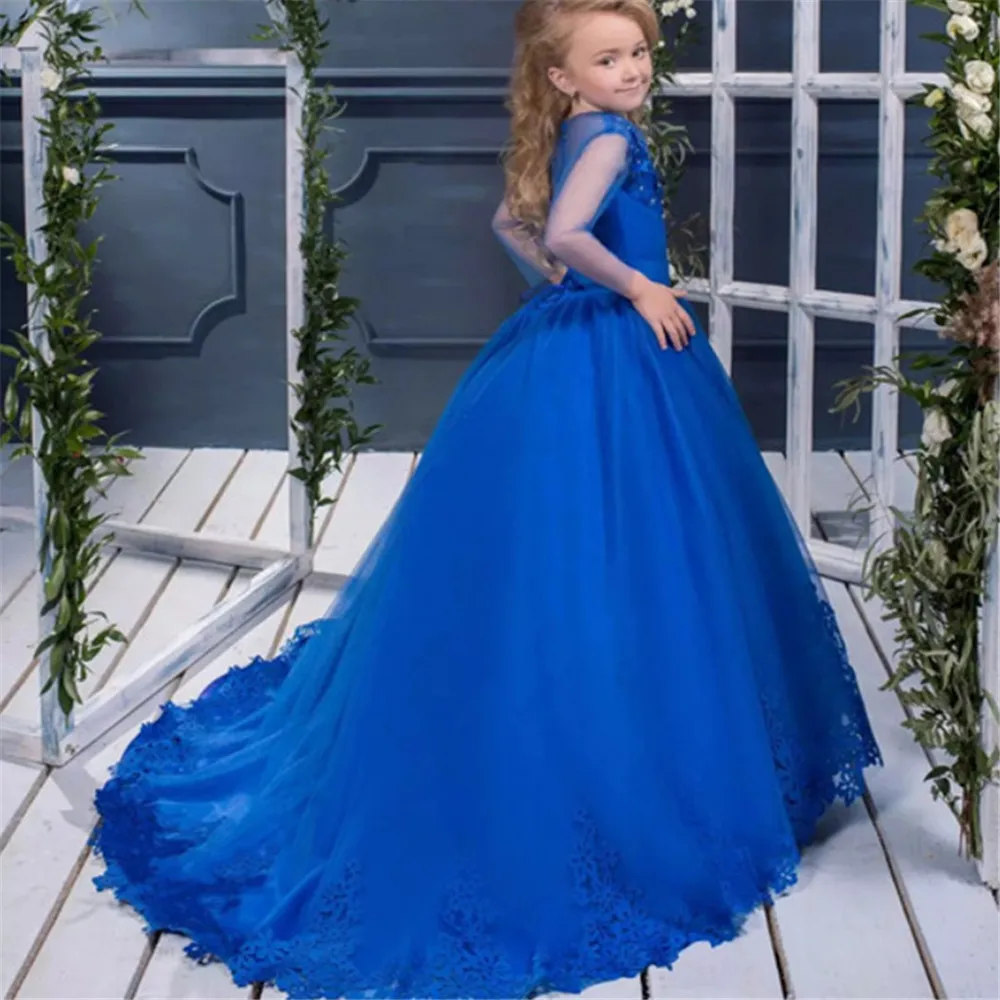 Vestido de renda tule para meninas, vestido de noiva, azul royal, manga cheia, primeira comunhão, bola, princesa, aniversário