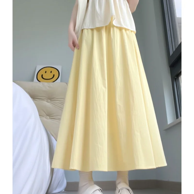 Yellow Midi Skirt for Women Thin High Waisted A-line Y2k Pleated Long Skirt Cute Ice Silk Skirts Women's Summer Skirt