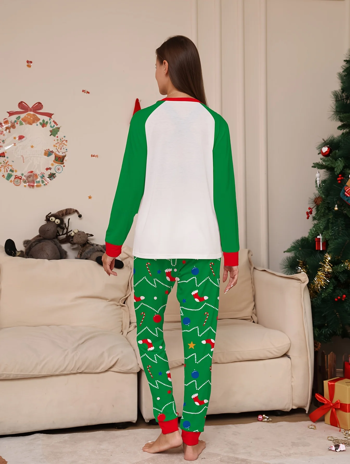 Conjunto de pijama con estampado de árboles de Navidad para mujer, Top de manga larga con cuello redondo y pantalones con cintura elástica, ropa de dormir y de estar por casa