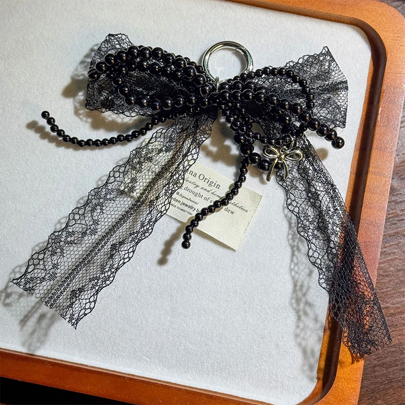 

Korean Fashion Lace Bow Imitation Pearl Beaded Handbag Pendant Keychain Delicate Aesthetic Camera Backpack Decoration Gift