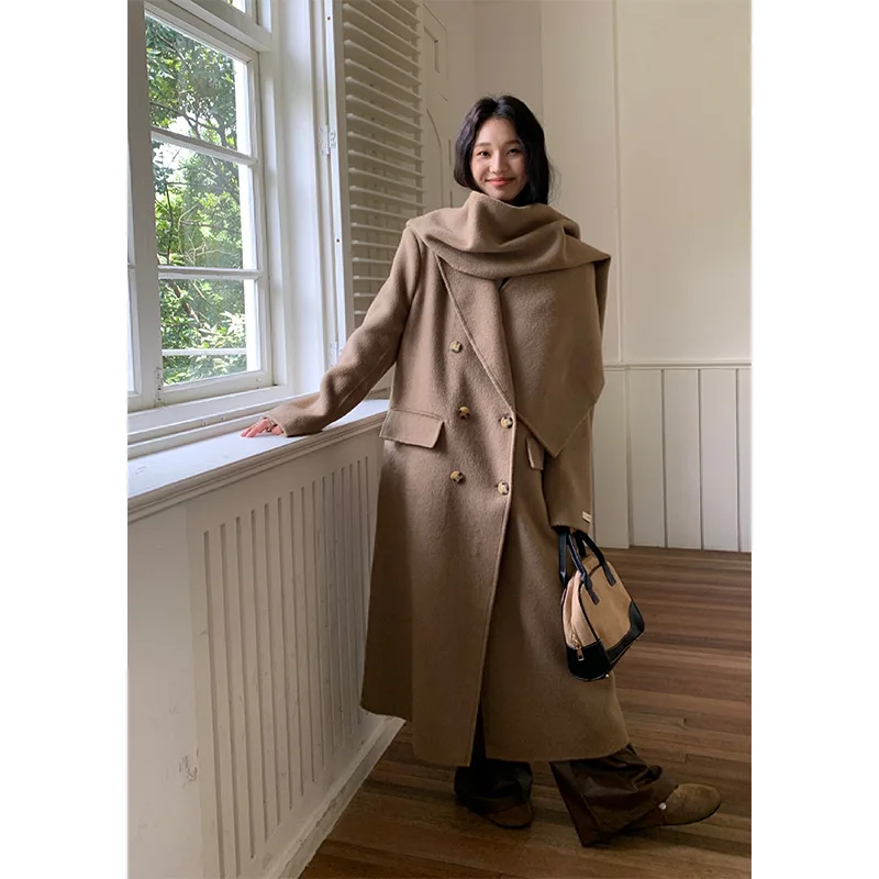 High Quality Long Woolen Cashmere Coat Women Autumn Winter Alpaca Wool Jacket Double Breasted With Scarf Overcoat Off White