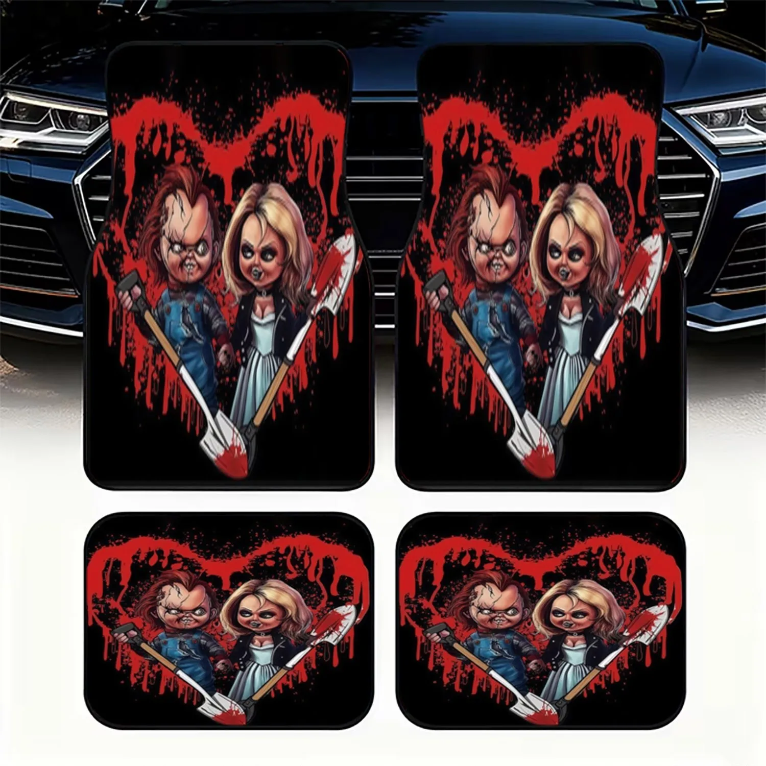 4pcs Car Floor Mats, Material, Featuring Chucky & Tiffany Cartoon Characters, Stylish Blood - Dripping Heart Design, For Car Int