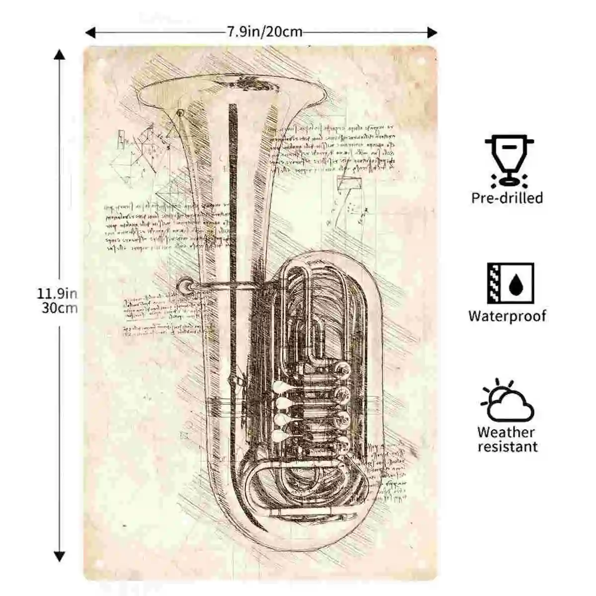 2D FLAT 1pc Vintage Brass Tuba Blueprint Style Music Instrument Art Decoration for Home Cafe Garage Bedroom Porch And Garden