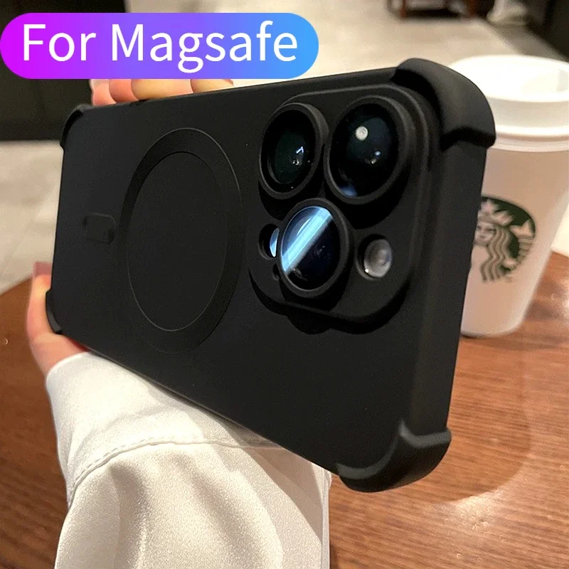 Luxury Hight End Black Magsafe Wireless Charge Case For iPhone 15 14 13 12 Pro Max Soft Magnetic Lens Film Shockproof Cover Gift