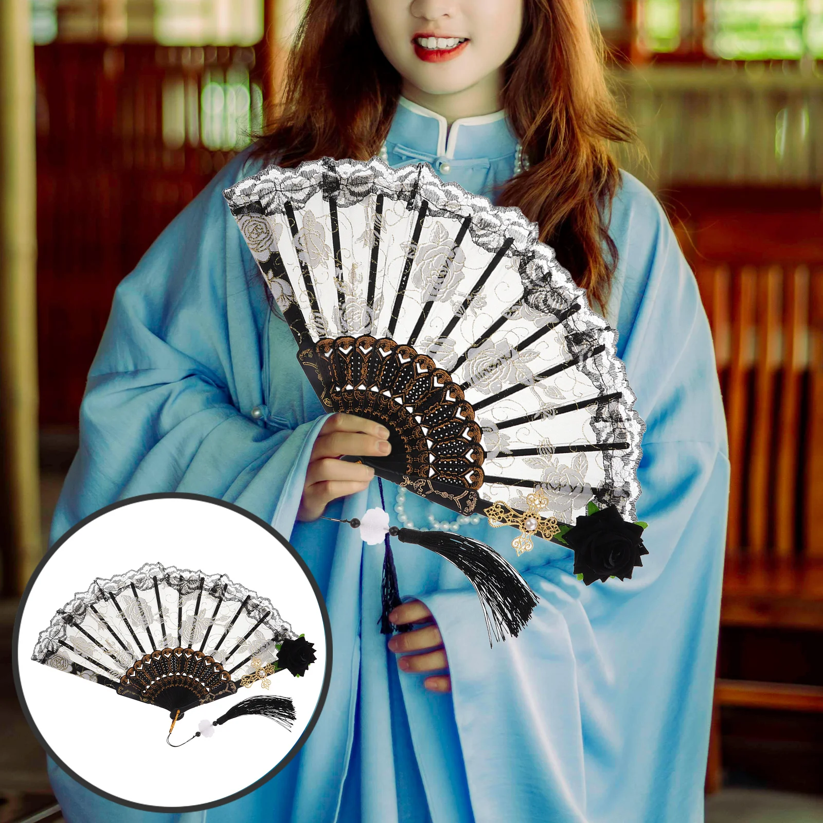 

Black Rose Lace Folding Fan Elegant Vintage Handheld Fan Tea Party Decorative Prop Flamenco Dance Cosplay Accessory