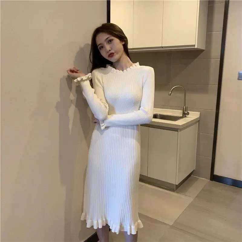 Women's Dresses Party Knee Length Crochet Cover Up Clothing Prom Formal Female Dress Solid White Loose Black Midi Knit One-piece