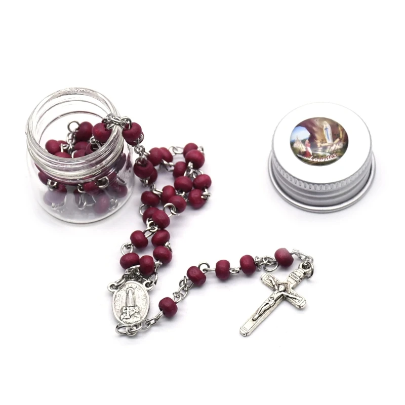 E8BD Rose Crucifix Rosary Necklace Kit Wooden Divider Bead Neck Charm Set for Art Collectible Wood Handicraft Carfts Ornamen