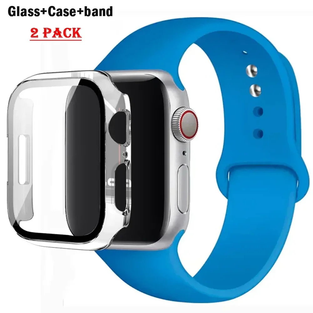 Silicone strap+Glass+Case For Apple Watch band 44mm 40mm 45mm 41mm 38mm 42mm cover+sport bracelet iWatch series 8 9 7 6 5 4 3 SE