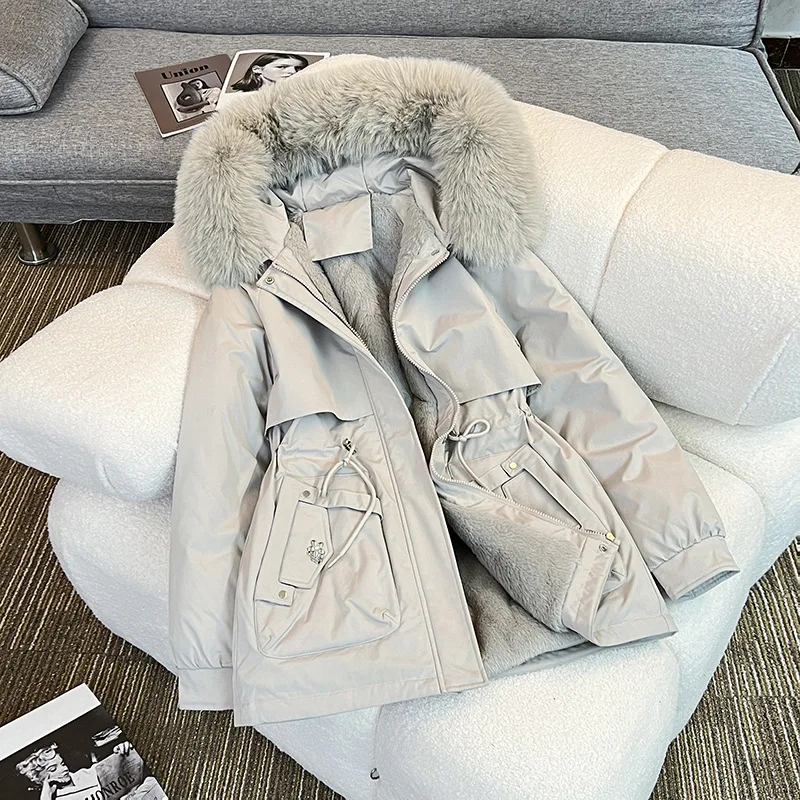 

Winter Warm Drawstring Padded Puffer Parkas Fleece Lined Hood Down Jacket Faux Fur Coat for Women Casual Streetwear Outwear