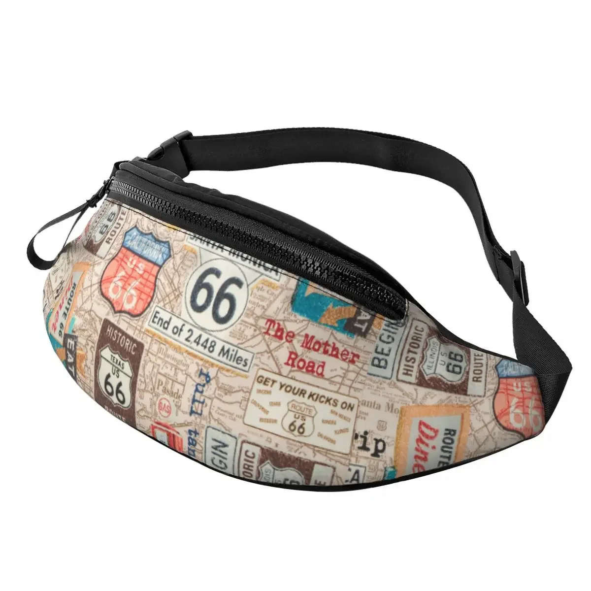 Dostosowana torba na ramię Vintage Route 66, dla kobiet i mężczyzn Cool USA Highways Crossbody Waist Bag Travel Phone Money Pouch