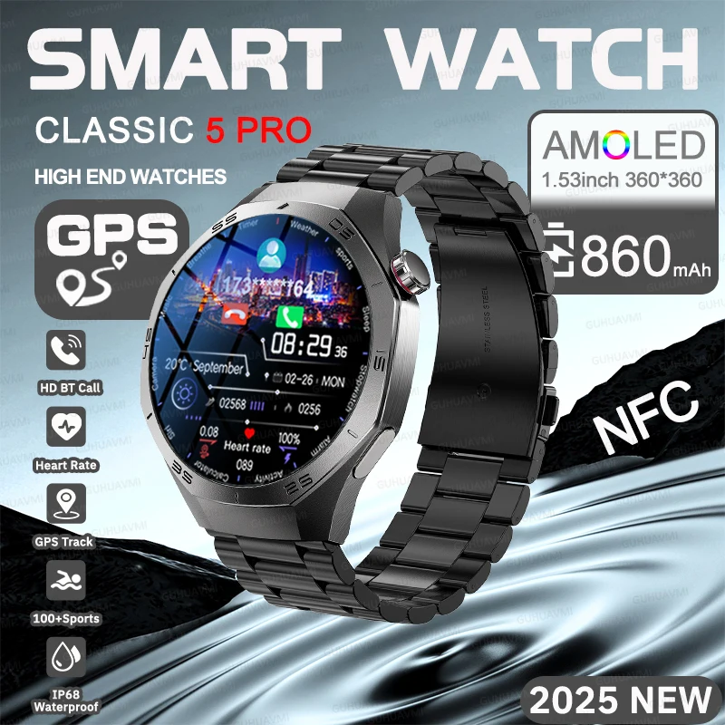 

Fashion NEW classic 5 PRO Smart Watch Men GPS Tracker Heart Rate HD Bluetooth Call Talk NFC IP68 Waterproof Sports Fitness Watch
