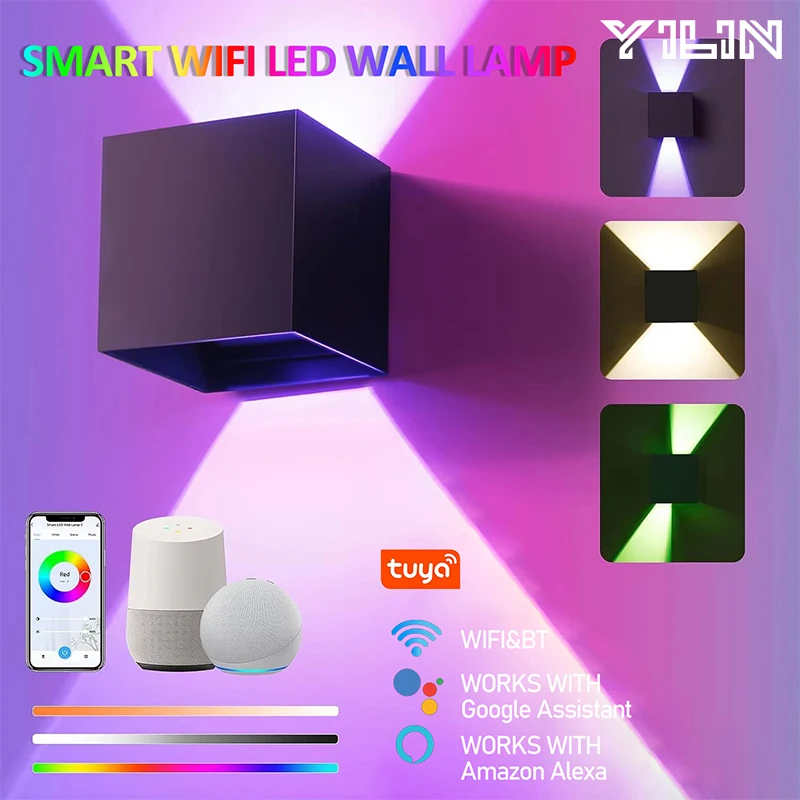 

WIFI Smart Outdoor LED Wall Lamp IP65 Waterproof Aluminum Cube Light RGBCW Color Change Tuya APP Remote Control Work With Alexa