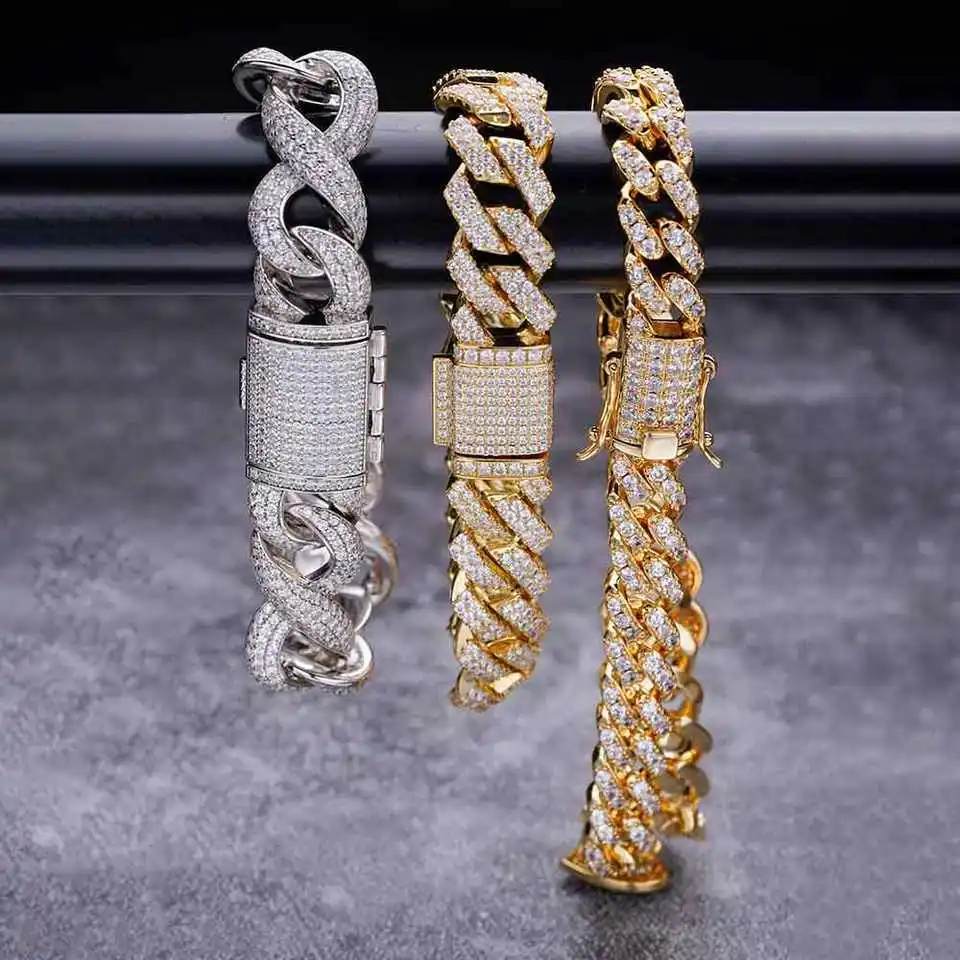 

Hip Hop Cz Moisannite 925 Sterling Silver Iced Miami Cuban Link 18k 10mm Gold Plated Cuban Bracelet For Men