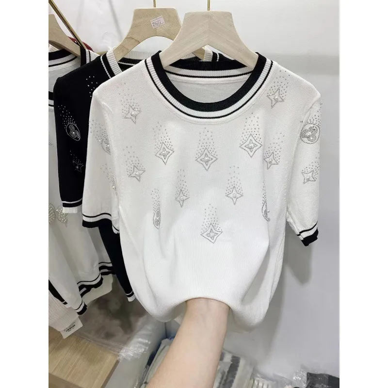 Stylish Sweater For Women Summer 2024 New Fashion Beading Embroidery Short Sleeve Knitwear Tops Elegant Chic Ladies Jumper