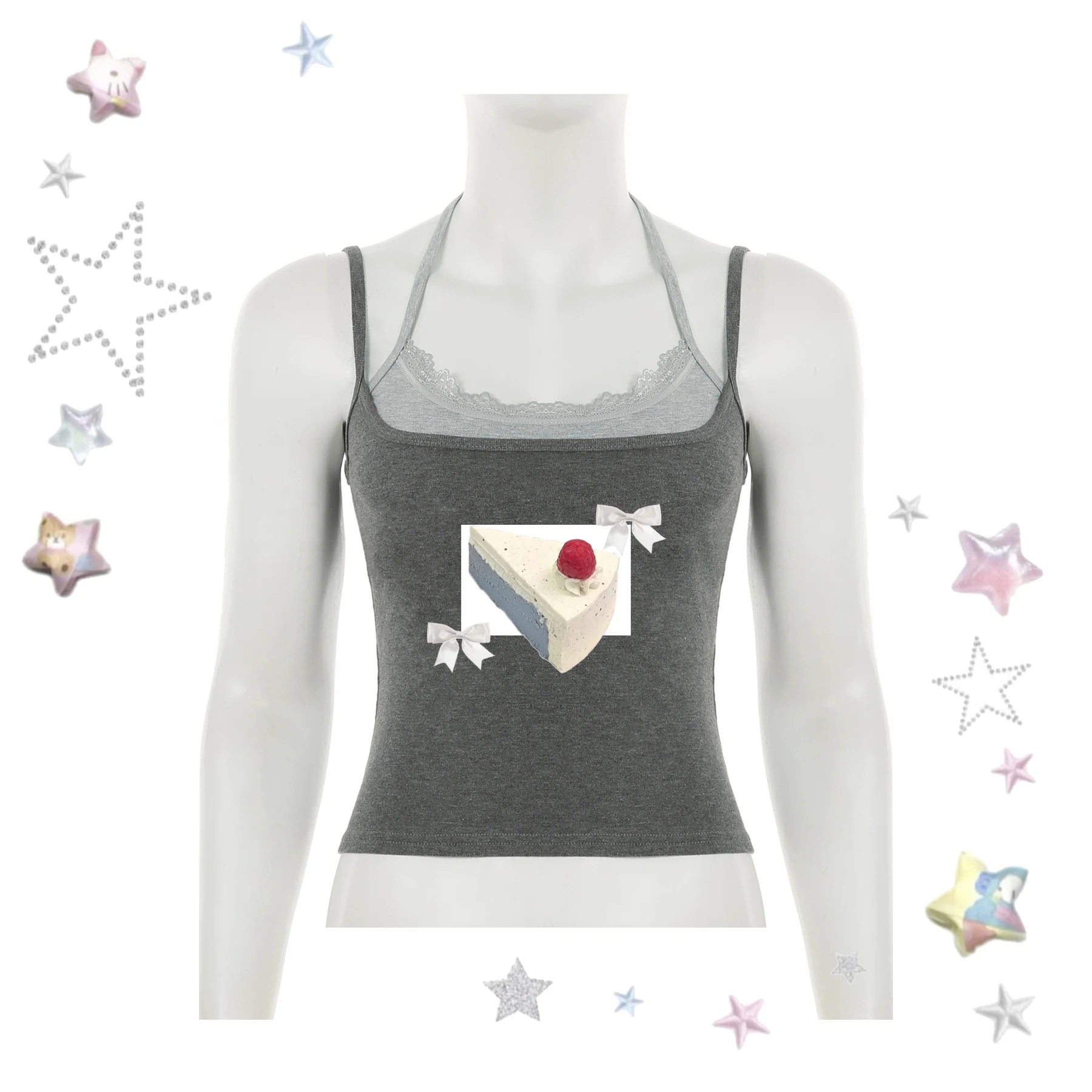 

Summer refreshing new style fake two piece camisole print Korean cute cake ins style casual shopping versatile t-shirt