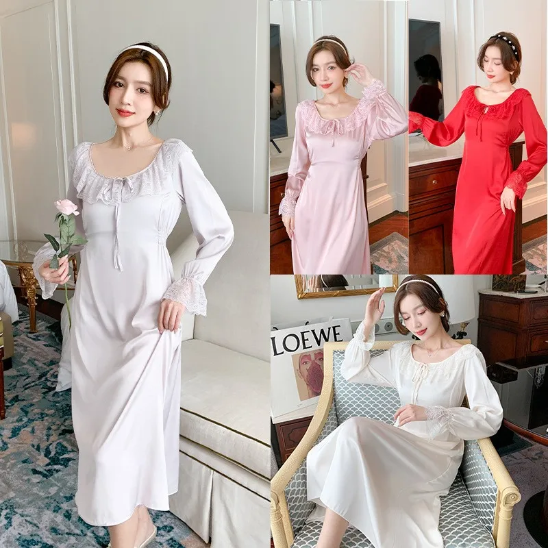 

Ruffled Lace Collar Long Sleeve Long Nightgown Elegant Palace Style Nightdress Female Sleepwear Bathrobe Casual Satin Homewear