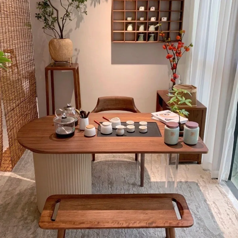 Solid wood tea table Modern simple acrylic household log balcony tea table tea table set