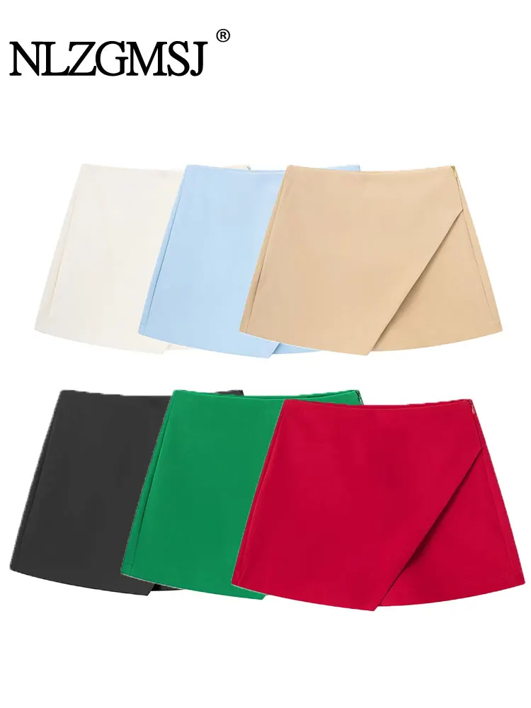 TRAF 2024 Women Fashion Candy Colors Asymmetrical Slim Shorts Skirts Ladies Side Zipper Hot Shorts Women's Shorts Mujer