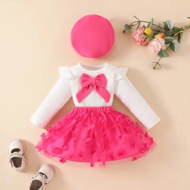 1-3 Years Toddler Girl Clothes 3Pcs Set Long Sleeve Pit Stripes T Shirt Tops Butterfly Gauze Dress Hat Baby Girls Outfits