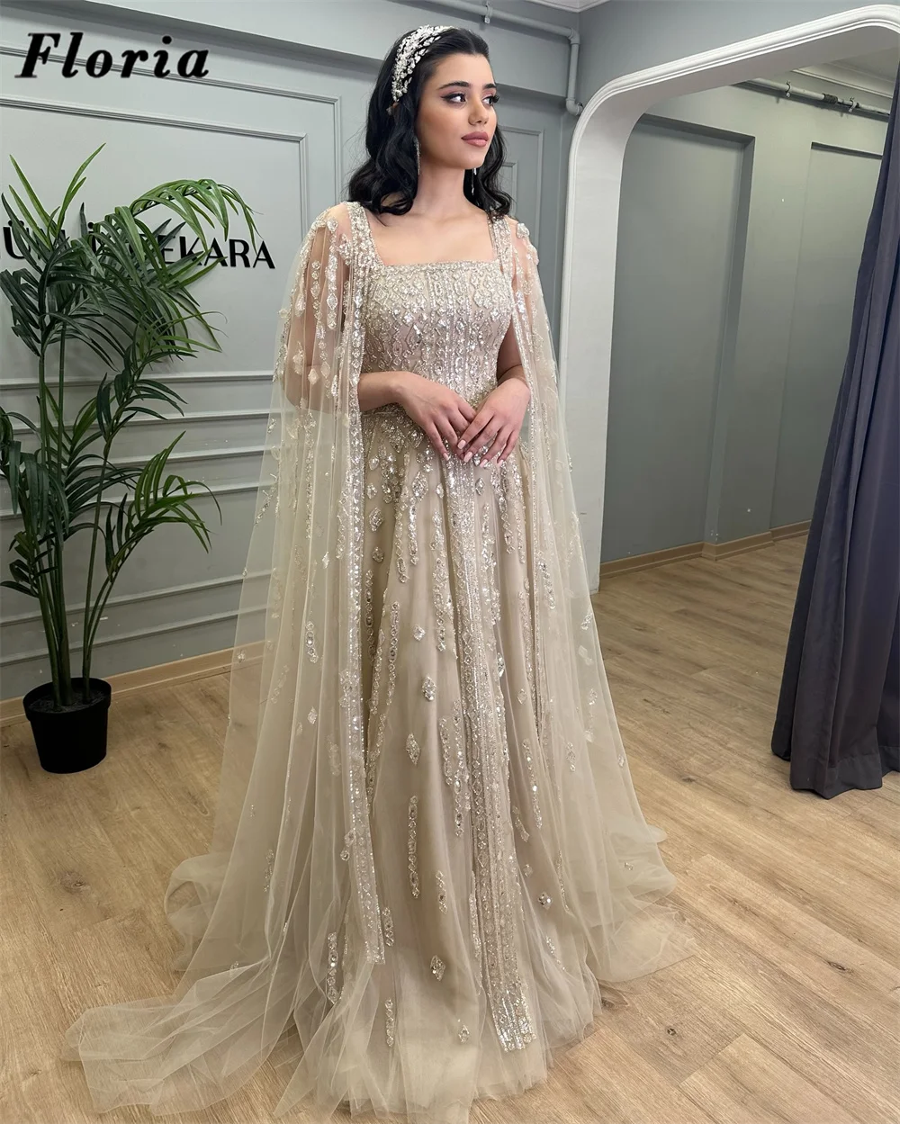 

Блестящие вечерние платья цвета шампань с бисером, с рукавами-накидками, А-силуэт, для дня рождения, на заказ, с дубайскими кристаллами, для помолвки, выпускного вечера