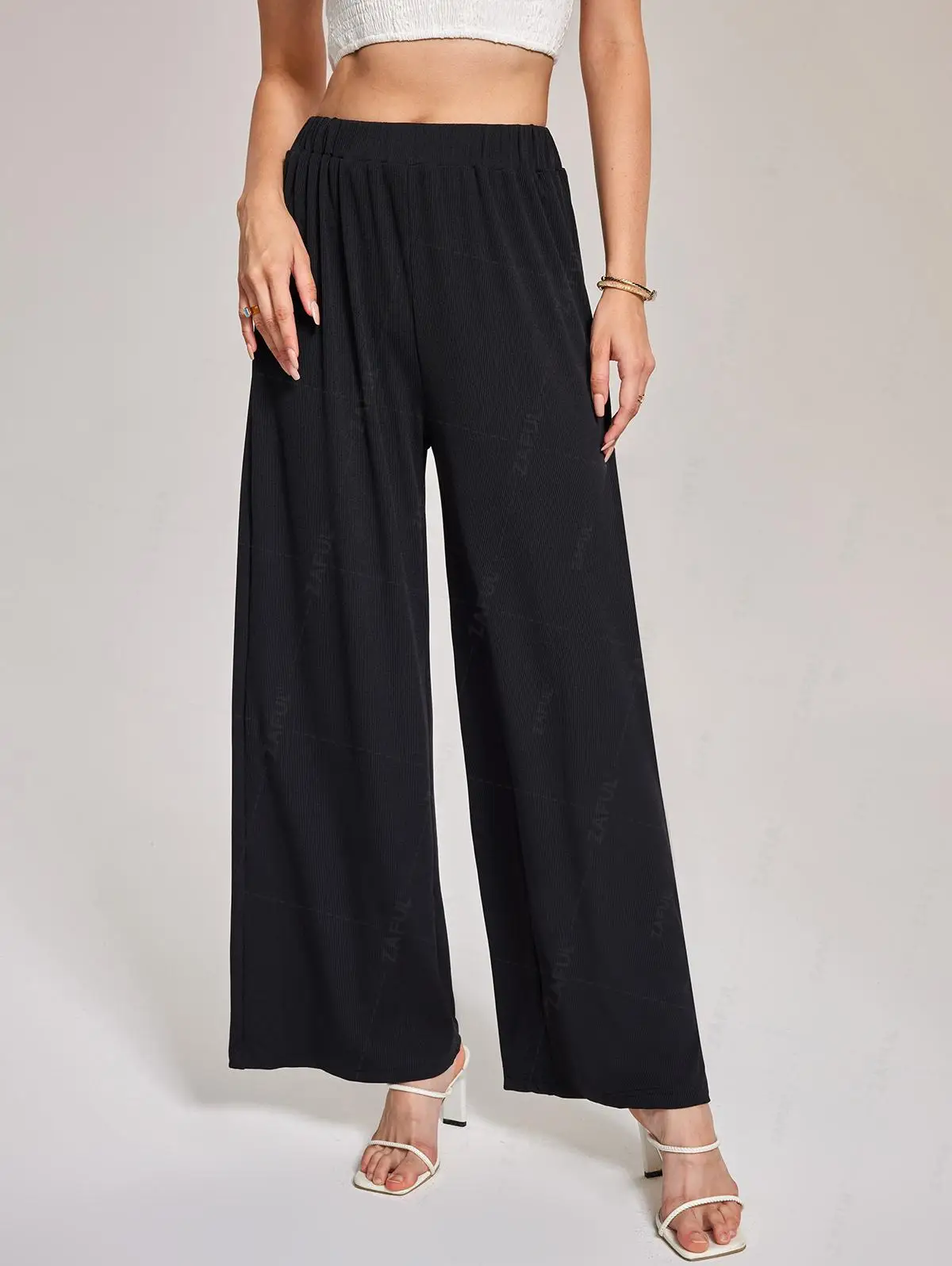 ZAFUL Women's Daily Casual Solid Color Ribbed High Waisted Wide Leg Pull On Pants