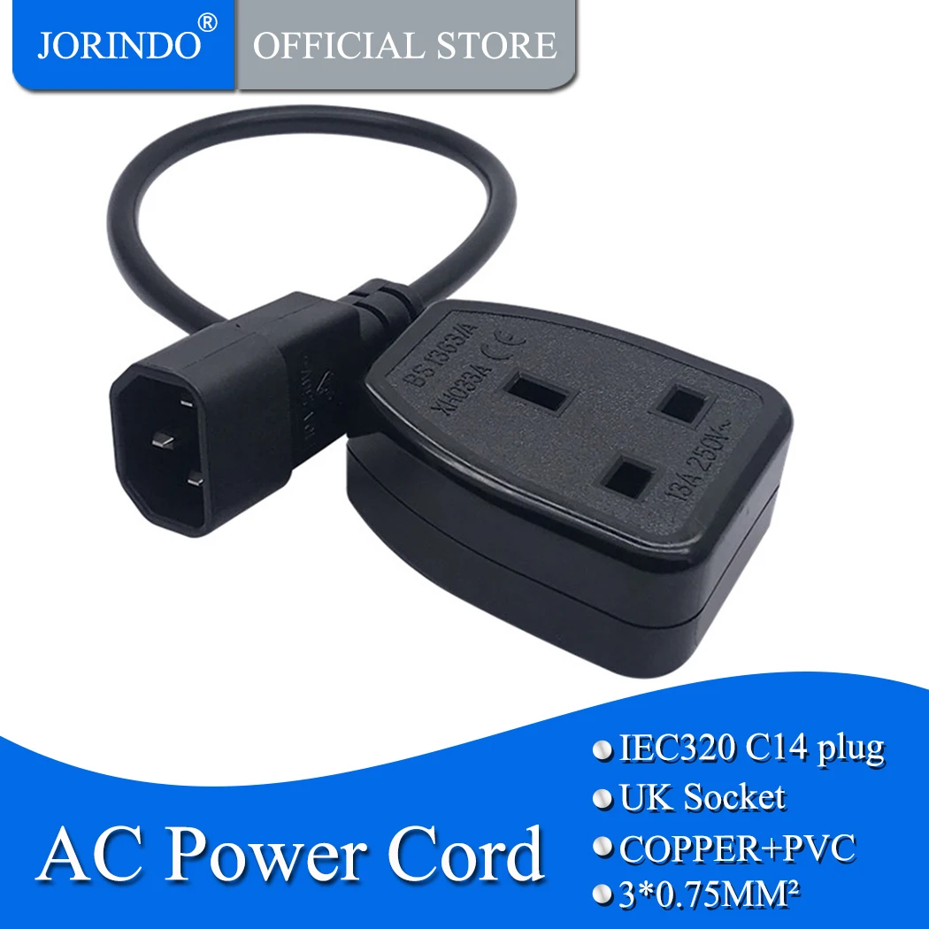 JORINDO IEC c14 to uk socket Power conversion line,C14 3 pin plug to uk 3 hole female socket Power Cord