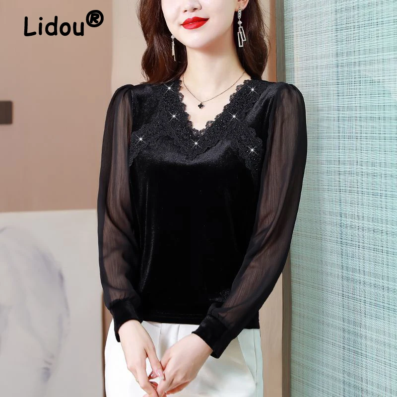 Sexy Sheer Mesh Elegant V-neck Lace Basic Ladies Tops Spring Korean Fashion Rhinestone Long Sleeve Slim T Shirt Women's Clothing