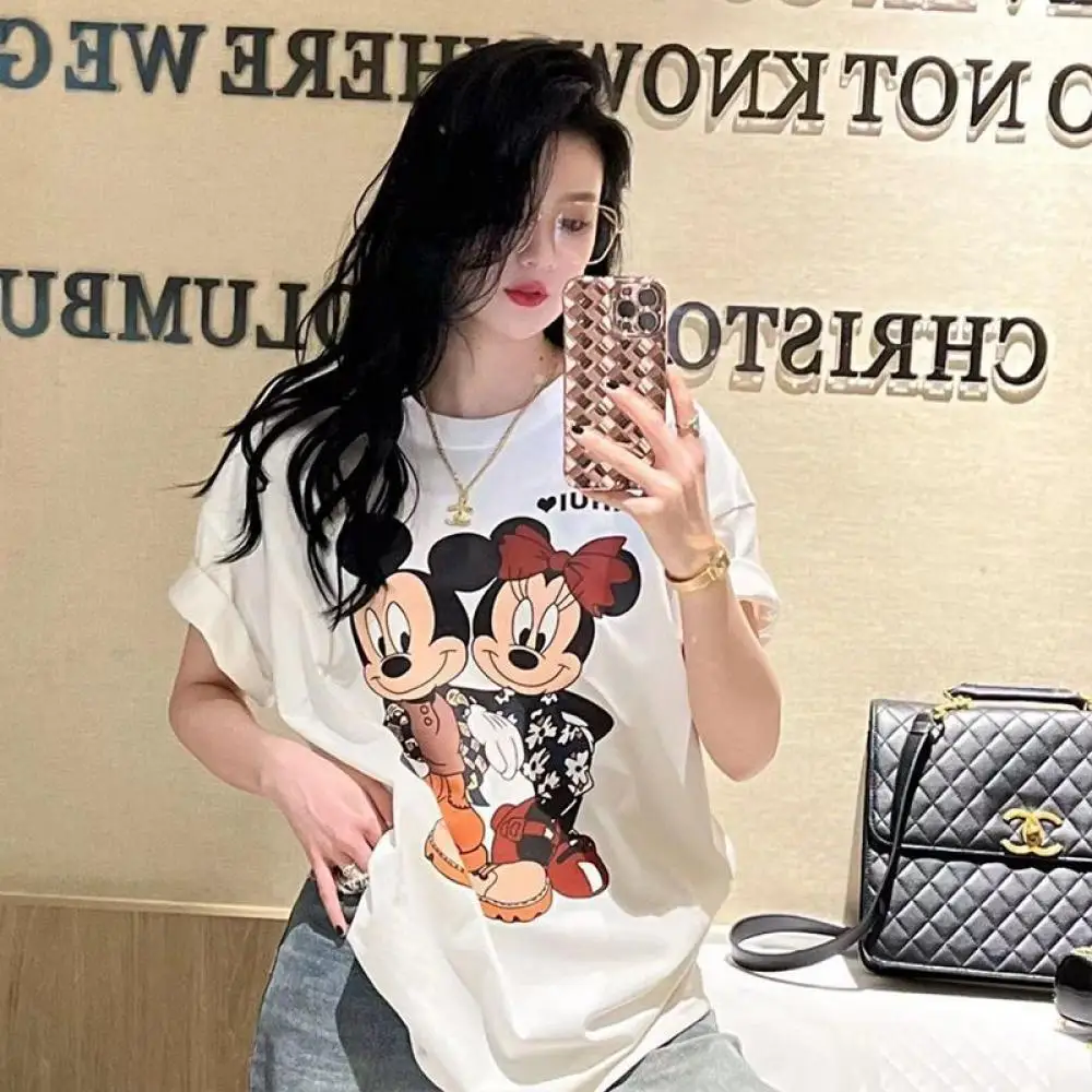 

Kawaii Mickey Summer Women T-Shirt Disney Cartoon Cotton Oversize Short Sleeve Anime Girls Student Trend Cute Leisure Loose Tops