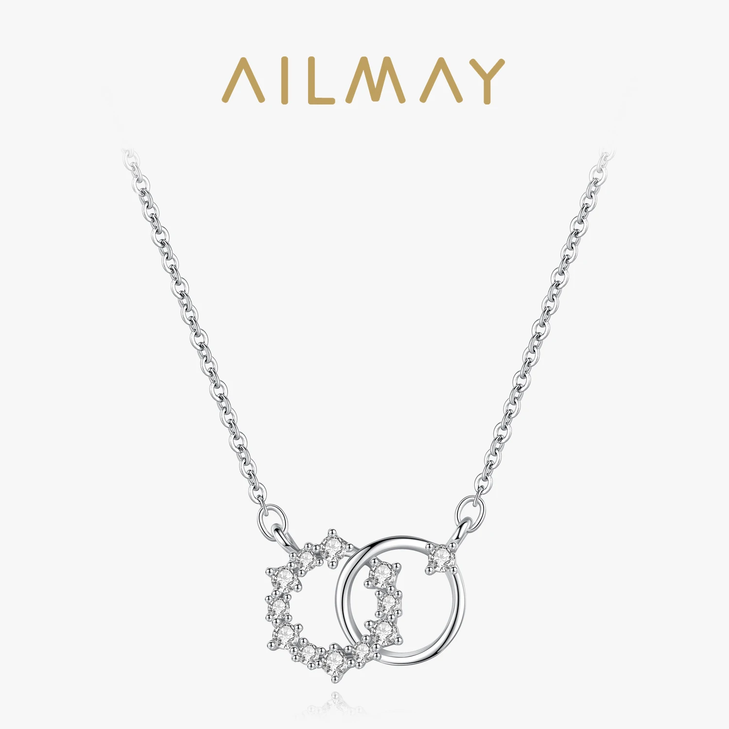 Ailmay 925 Sterling Silver Double Circle Tiny Flower Round Sterling Pendant Necklace For Women Wedding Engagement Jewelry