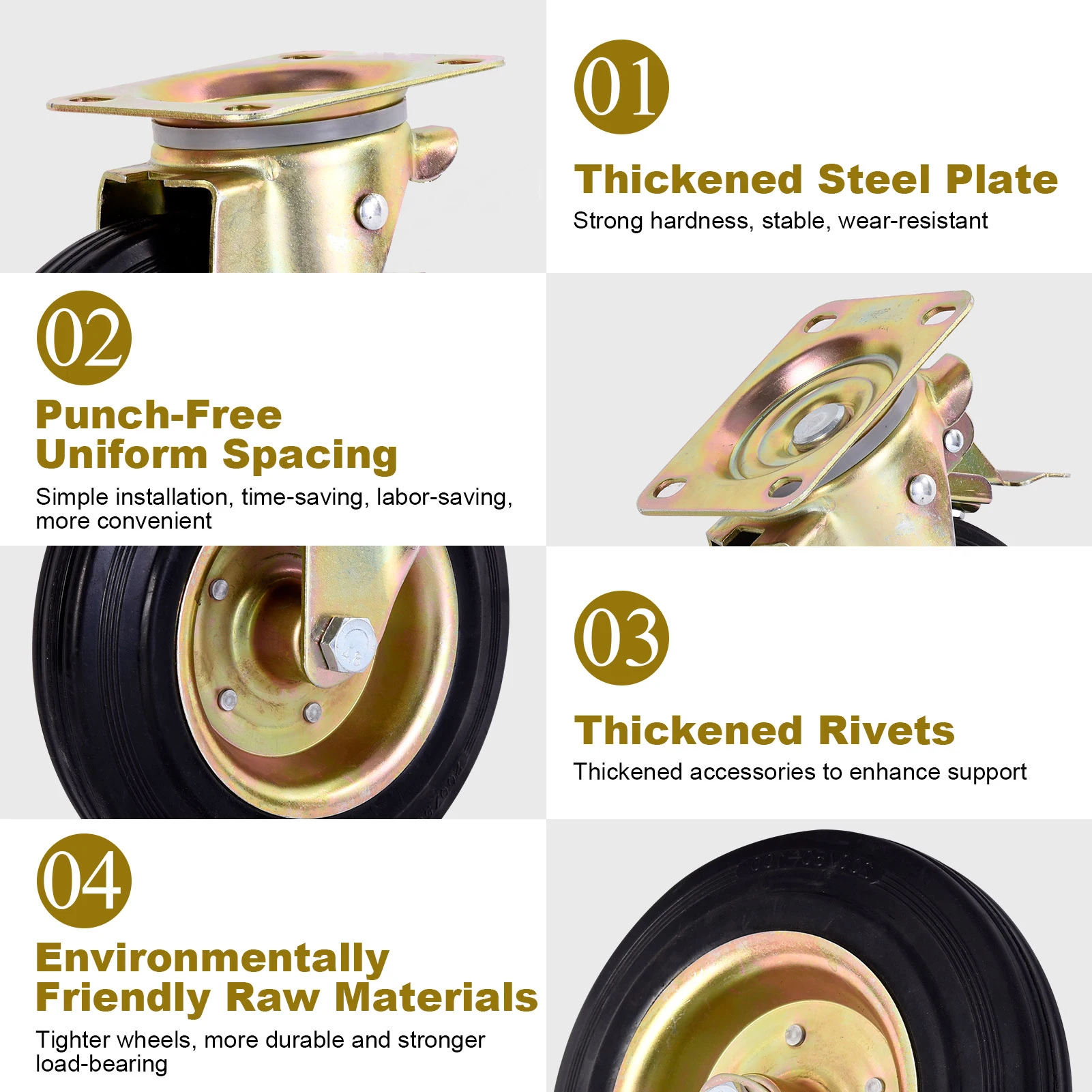 Heavy Duty Caster Wheels 8 Inch Industrial Casters 4 Pieces Castor Wheels, 360 Degrees Rotation,Castors for Cart Workbench
